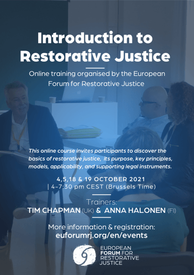 Flyer of the Introduction to Restorative Justice course October 2021. 