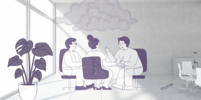 Photo & drawing: people around a table in an office