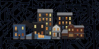 houses and digital network in the background (cybercrime article header image)